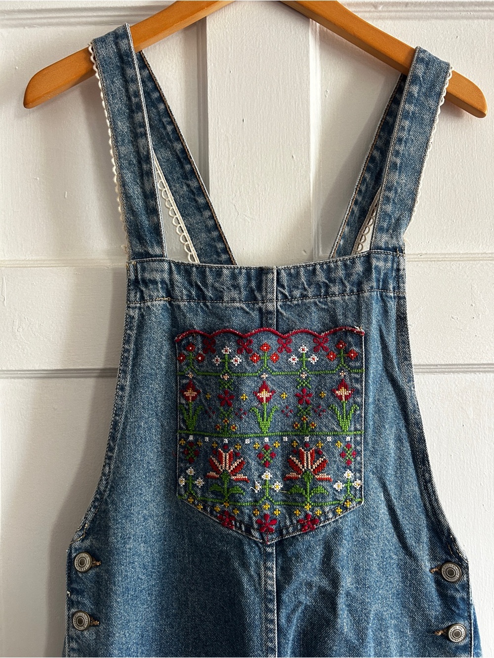 We The Free Blue Denim Overalls with Multicolor Floral Embroidery